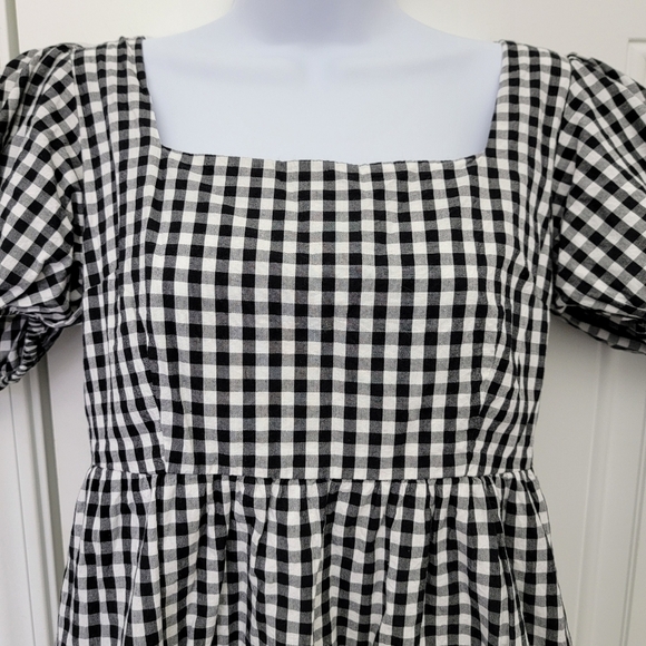 Abound Black White Gingham Checked Puff Sleeve Ruched Back Mini Dress Size M - Picture 4 of 11